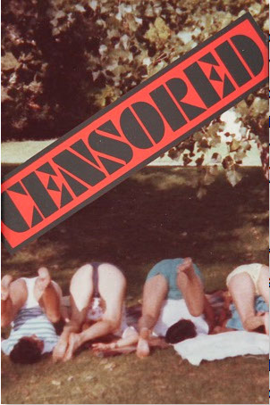The words Censored in Black and Red run diagonal at the top above 4 people flipped showing their behinds in a grassy park.