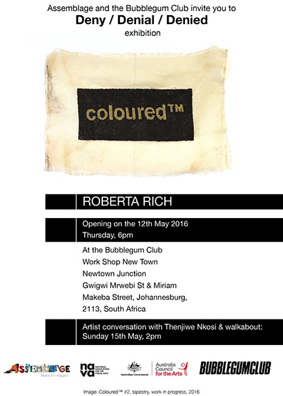 Exhibition flyer detailing opening at Bubblegum club with text and image of tapestry work with canvas, black wool and gold thread.