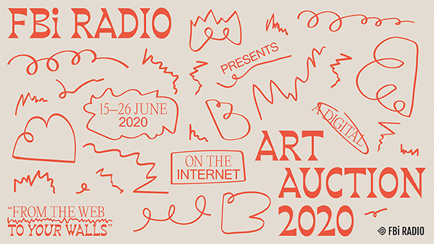 Banner image with grey-brown and Orange Text describing details of the FBi Radio Art Auction in 2020.