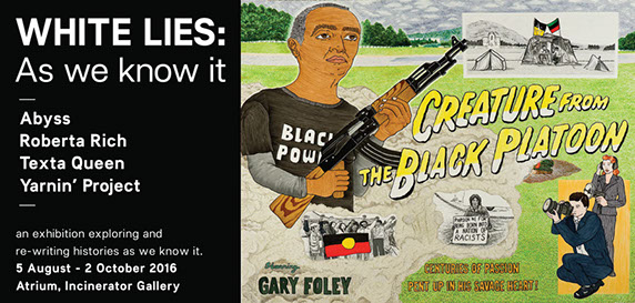 Exhibition flyer with text and image of a texta artwork of a satire movie poster, Fary Foley: Creature from the Black Platoon.