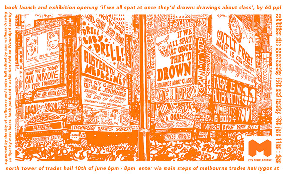 Book lanuch flyer with orange text and dense cartoon drawings of signs and slogans that look like city buildings, signs and ads.