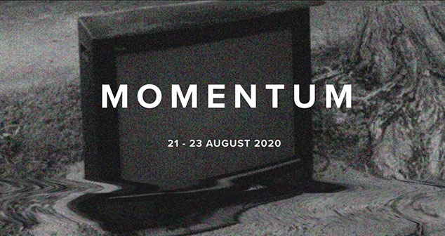 Black and White Grainy image, slightly warped with CRT Television set and the words Momentum in white text on top.