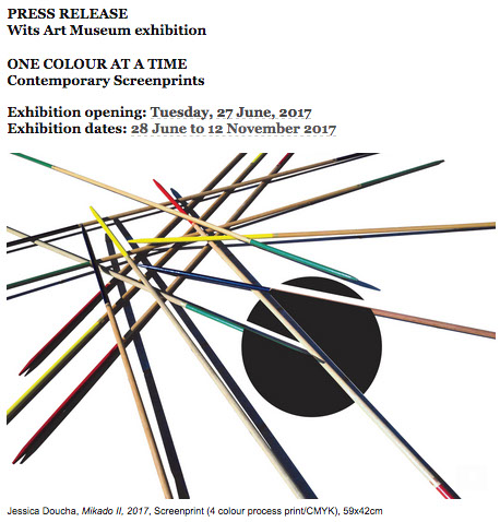 Exhibition flyer with an artwork by Jessica Doucha. Fine pine sticks some with colour on their ends cross over each other near a black circle.