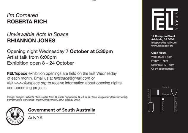 I'm Cornered Exhibition Flyer in black and white with text details for the exhibition. Logo of South Australia Goverment at bottom.