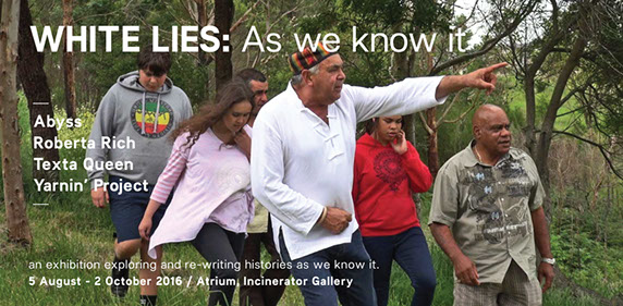 Exhibition flyer with text and an image of a group of First Nations youth being led by two First Nations men in an outdoor bush setting.
